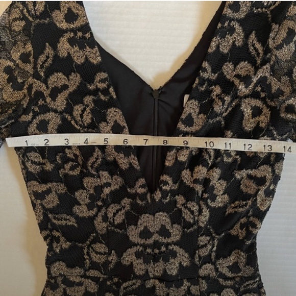 Dress The Population Erica black gold lace long sleeve mini dress plunge XS - Picture 6 of 9
